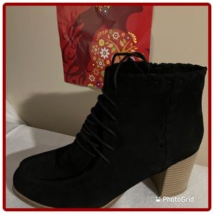 Lane Bryant, faux black suede, chunky heeled booties, with lace-up front. Size11